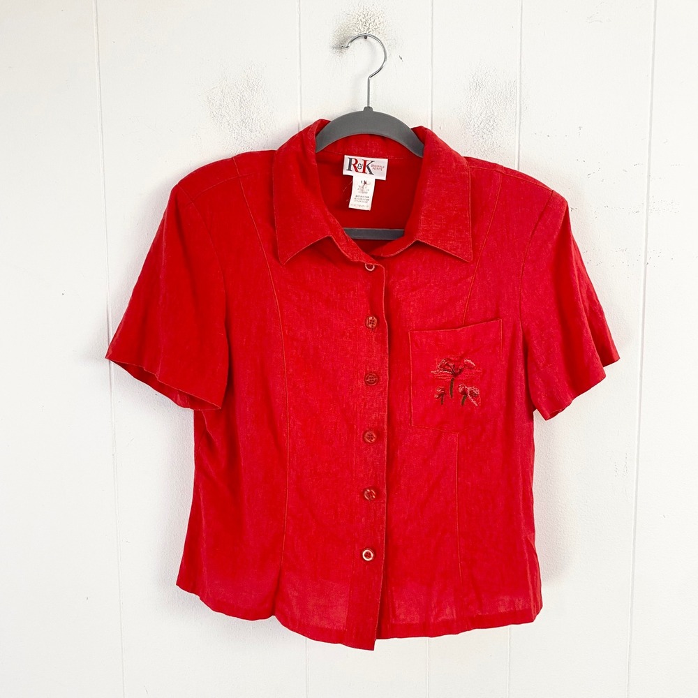 R&K Originals Petite Red Linen Blend Short Sleeve Button Up Shirt Floral 12P